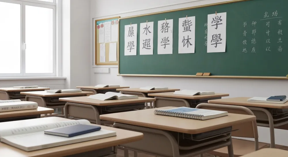 A classroom setting with textbooks, notebooks, and Chinese characters on the board, showcasing an academic environment focused on language learning.