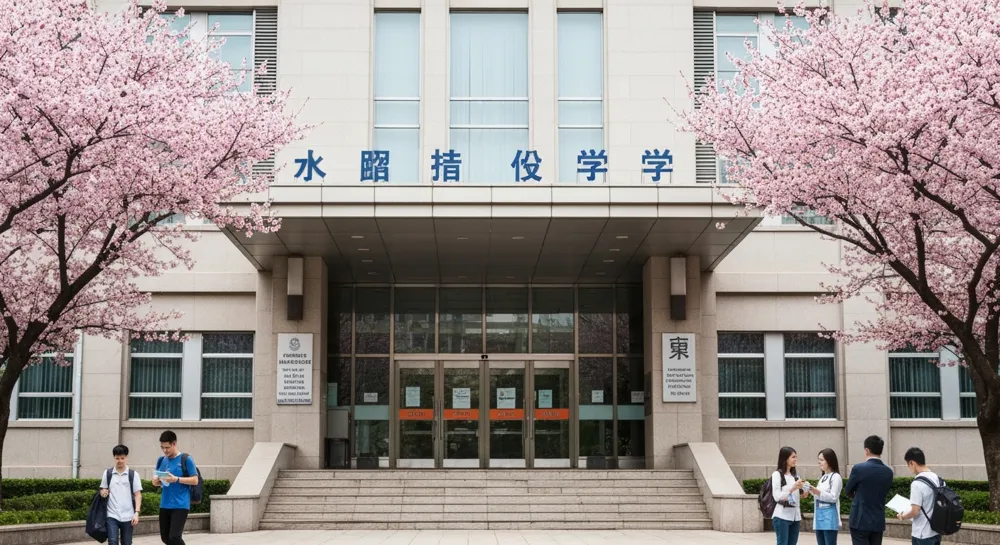 A detailed view of an academic building with a welcoming entrance, surrounded by blossoming trees and students' paraphernalia, emphasizing the transfer admission process.